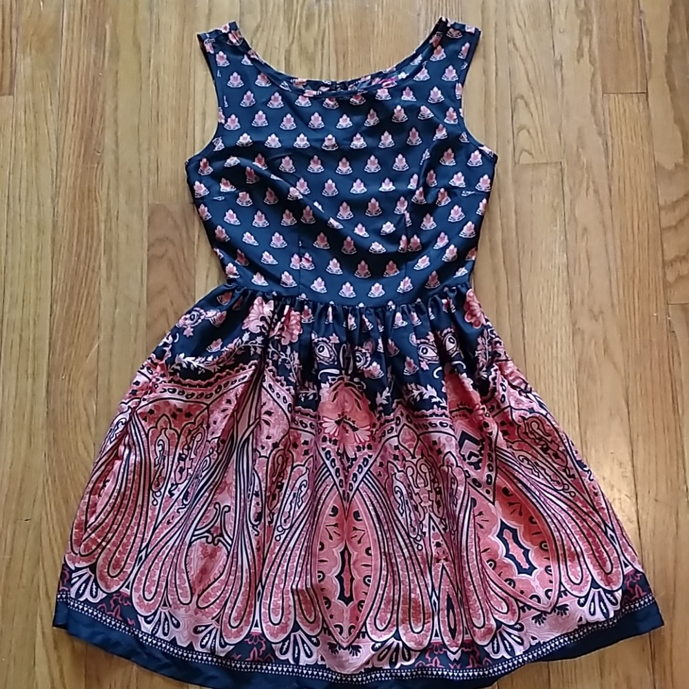 Navy and Coral Print Dress